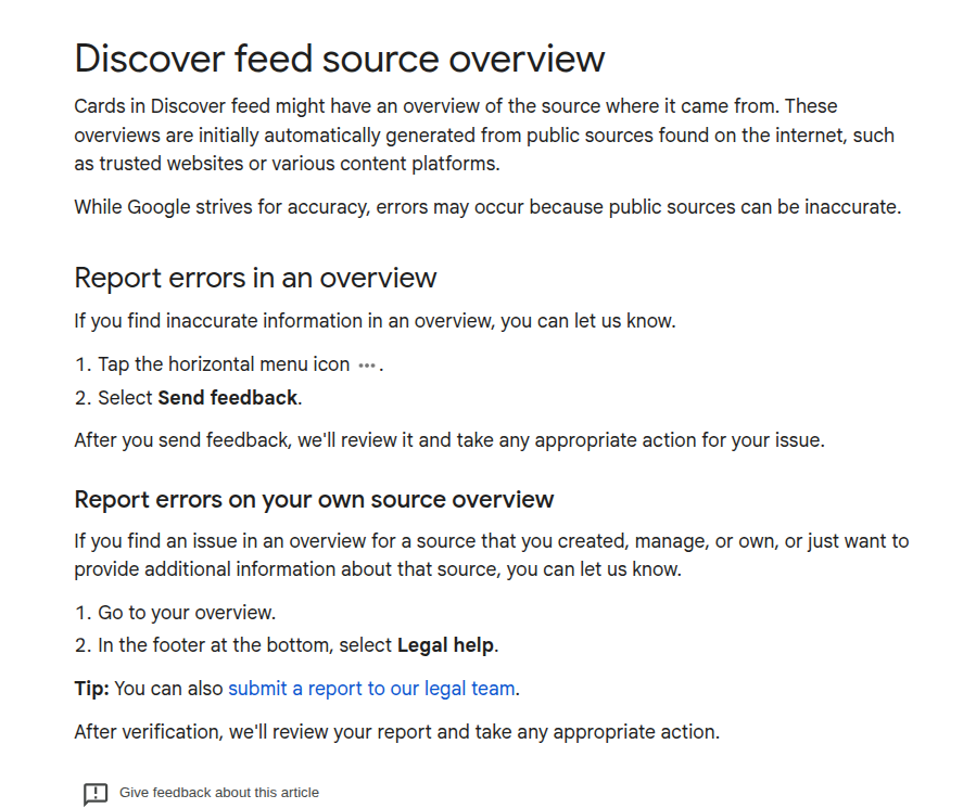 Documentation officielle Google sur les Discover feed source overview