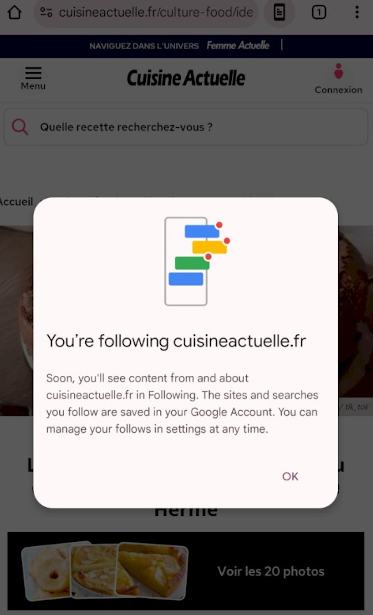 Confirmation du follow d'un site via Chrome